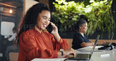 Buy stock photo Laptop, phone call and smile with designer woman in coworking office for communication or planning. Computer, conversation and search with person in design workplace for digital agenda or schedule