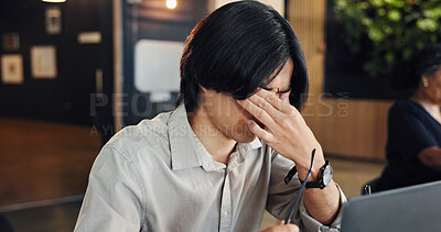Buy stock photo Man, laptop and glasses with headache at office, stress or eye strain with tired at media company. Person, writer and coworking with migraine, fatigue and computer with burnout at creative agency