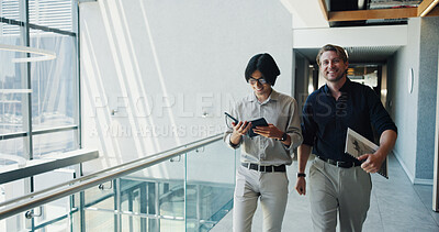 Buy stock photo Excited, smile and business people in lobby with success for project, article and teamwork. Publishing agency, coworking office and men with good news for submission, review and editing proposal