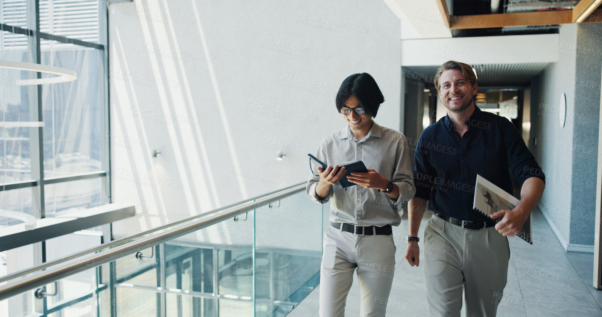 Buy stock photo Excited, smile and business people in lobby with success for project, article and teamwork. Publishing agency, coworking office and men with good news for submission, review and editing proposal