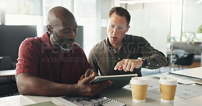 Buy stock photo Discussion, planning and business people on tablet with feedback for project, article and teamwork. Publishing agency, coworking office and men with online submission, review and editing proposal