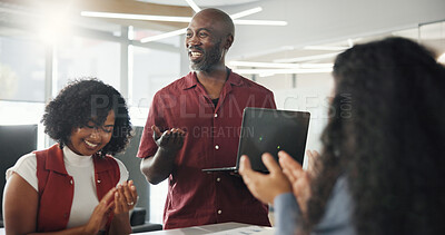 Buy stock photo Applause, smile and business people on laptop with success for project, article and teamwork. Publishing agency, coworking office and man with women celebrate submission, review or editing feedback