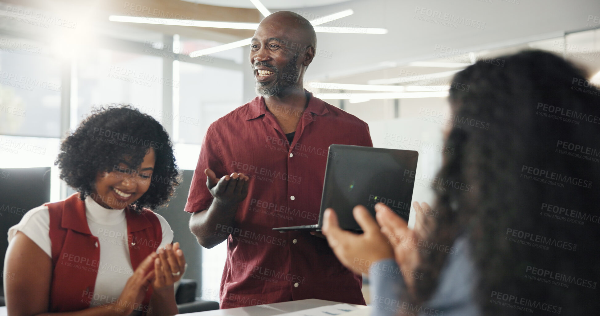 Buy stock photo Applause, smile and business people on laptop with success for project, article and teamwork. Publishing agency, coworking office and man with women celebrate submission, review or editing feedback