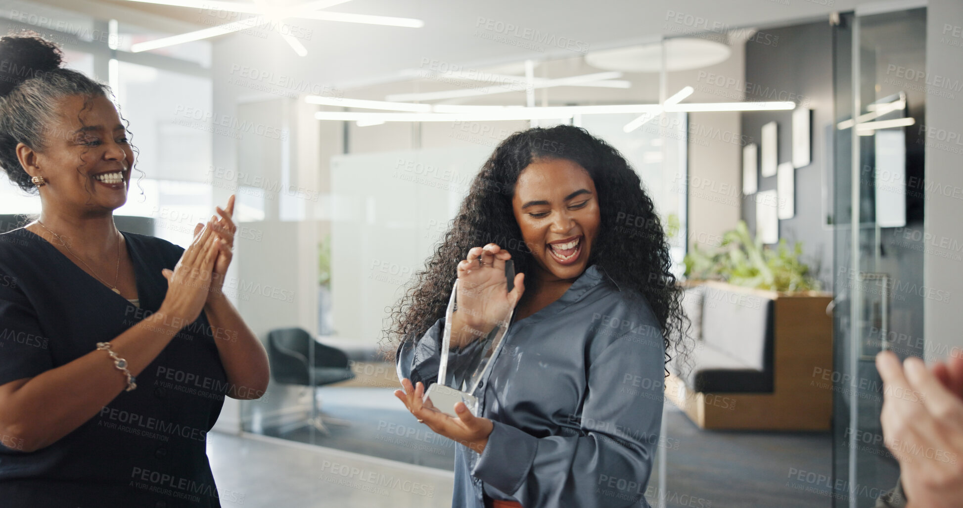 Buy stock photo Award, applause and business people on laptop with success for project, article and teamwork. Publishing agency, coworking office and women with celebration for submission, review or editing feedback