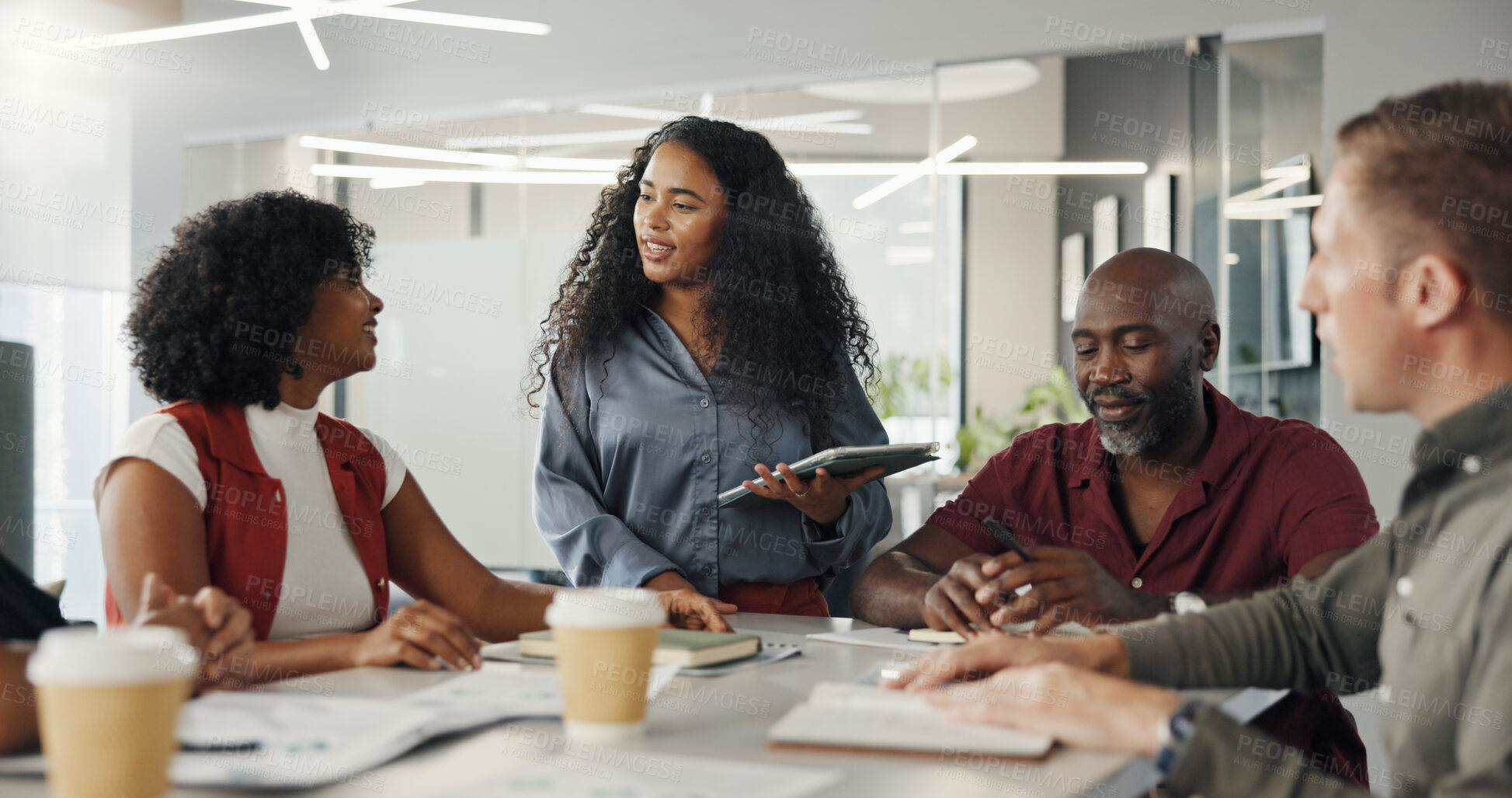 Buy stock photo Feedback, smile and business people on tablet with proposal for project, article and teamwork. Publishing agency, creative office and man with women for submission, review or editing collaboration