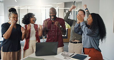 Buy stock photo Fist pump, cheering and business people on laptop with success for project, article and teamwork. Publishing agency, creative office and men with women celebrate submission, review and web editing