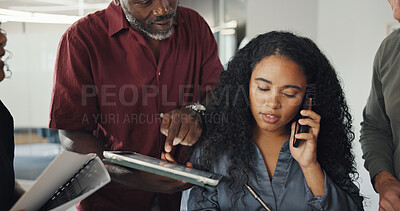 Buy stock photo Woman, business people and multitask with chaos, phone call and overworked finance team in office. Mobile, stress and overwhelmed person with staff, tablet and paper with deadline pressure for budget