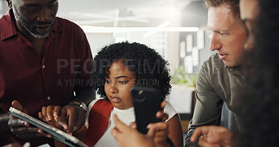 Buy stock photo Woman, stress and chaos with staff, overwhelmed and deadline with tablet, phone and pressure at startup. People, team and crisis with tech, application or multitasking for project at creative agency