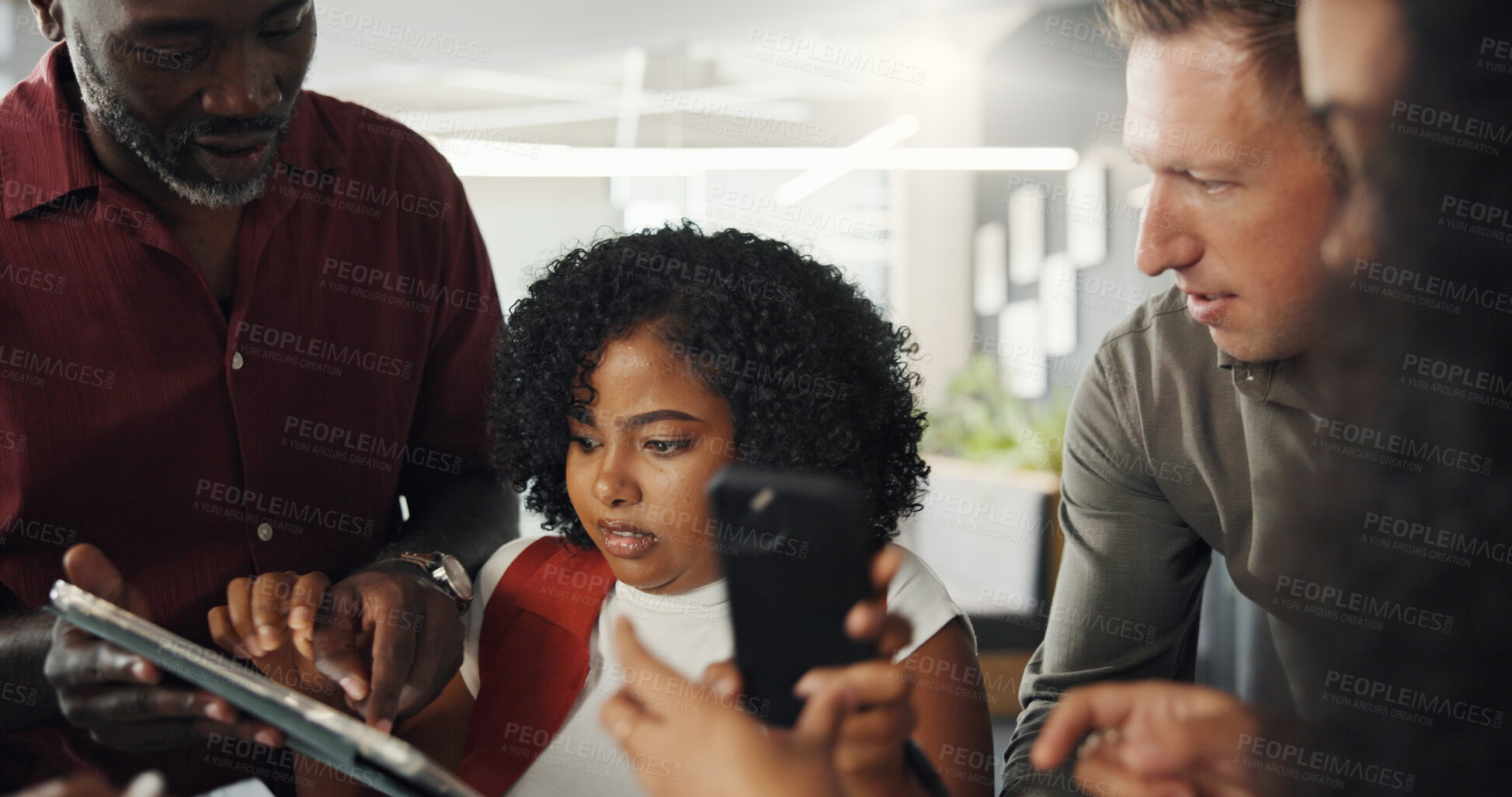 Buy stock photo Woman, stress and chaos with staff, overwhelmed and deadline with tablet, phone and pressure at startup. People, team and crisis with tech, application or multitasking for project at creative agency