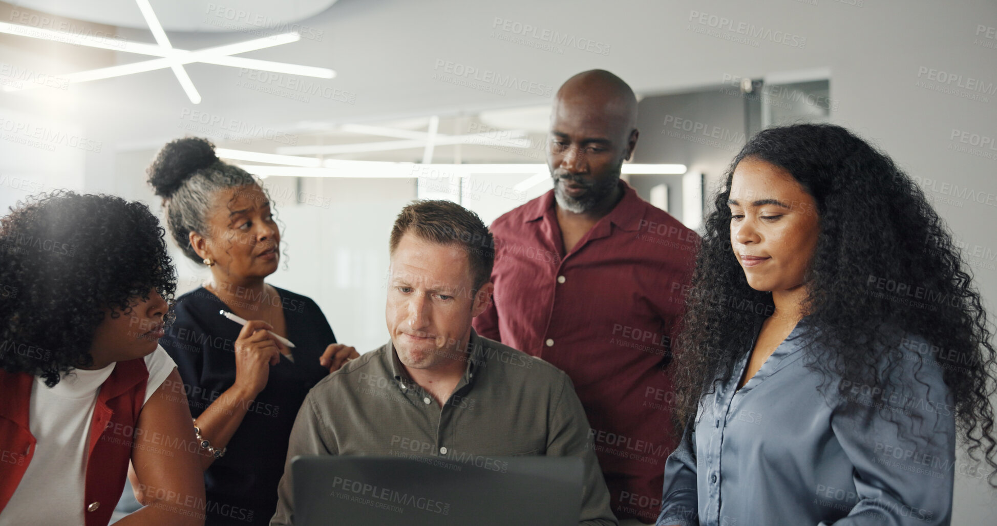 Buy stock photo Collaboration, laptop and meeting with designer people in office together for coaching or feedback. Computer, design and development with employee group in creative workplace for planning or research