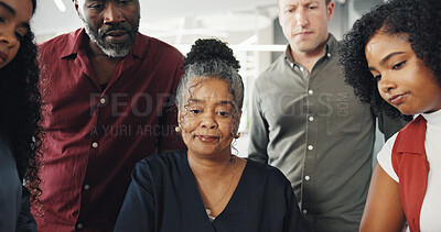 Buy stock photo Business, collaboration and meeting with designer people in office together for coaching or feedback. Brainstorming, design and development with employee group in workplace for planning or research