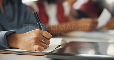 Buy stock photo Woman, hands and writing in office with journal, reminder and goal setting for journalism career. Creative, female person and coworking with diary note, inspiration or planning for media publication.
