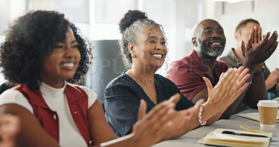 Buy stock photo Applause, smile and business people in meeting with success for project, article and teamwork. Publishing agency, coworking office and men with women celebrate submission, review and clapping hands