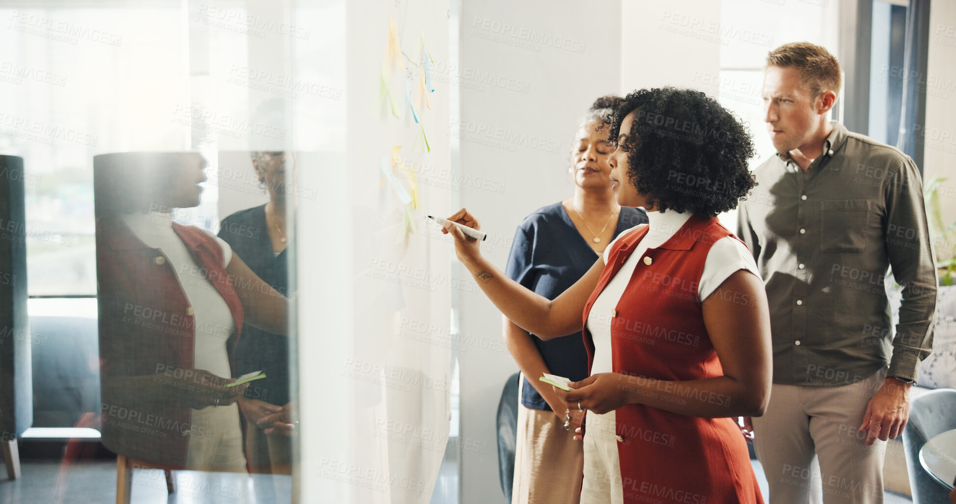 Buy stock photo Business, people and writing on whiteboard in office for training, planning and story ideas. Woman, briefing and coaching with teamwork, copywriting schedule and editor feedback for news publication