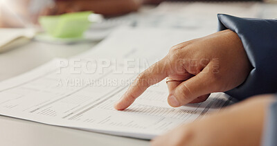 Buy stock photo Accountant, hands and paperwork at desk for review, check balance sheet and audit financial record. Cost control, cash flow statement or person with tax receipt for filing, budget or savings planning