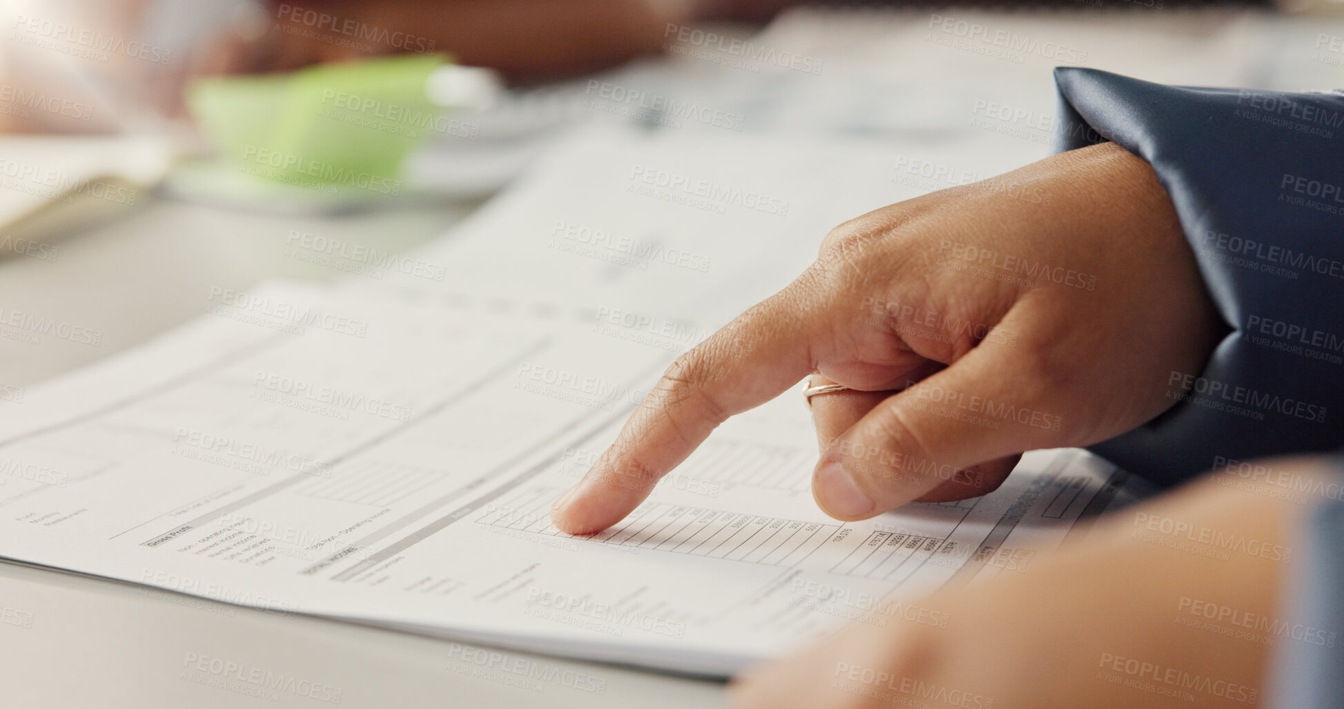 Buy stock photo Accountant, hands and paperwork at desk for review, check balance sheet and audit financial record. Cost control, cash flow statement or person with tax receipt for filing, budget or savings planning