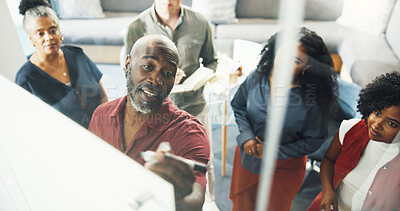 Buy stock photo Creative, people and writing on whiteboard in office for training, planning and story ideas. Above, man and coaching team with notes, copywriting schedule and editor feedback for article publication 