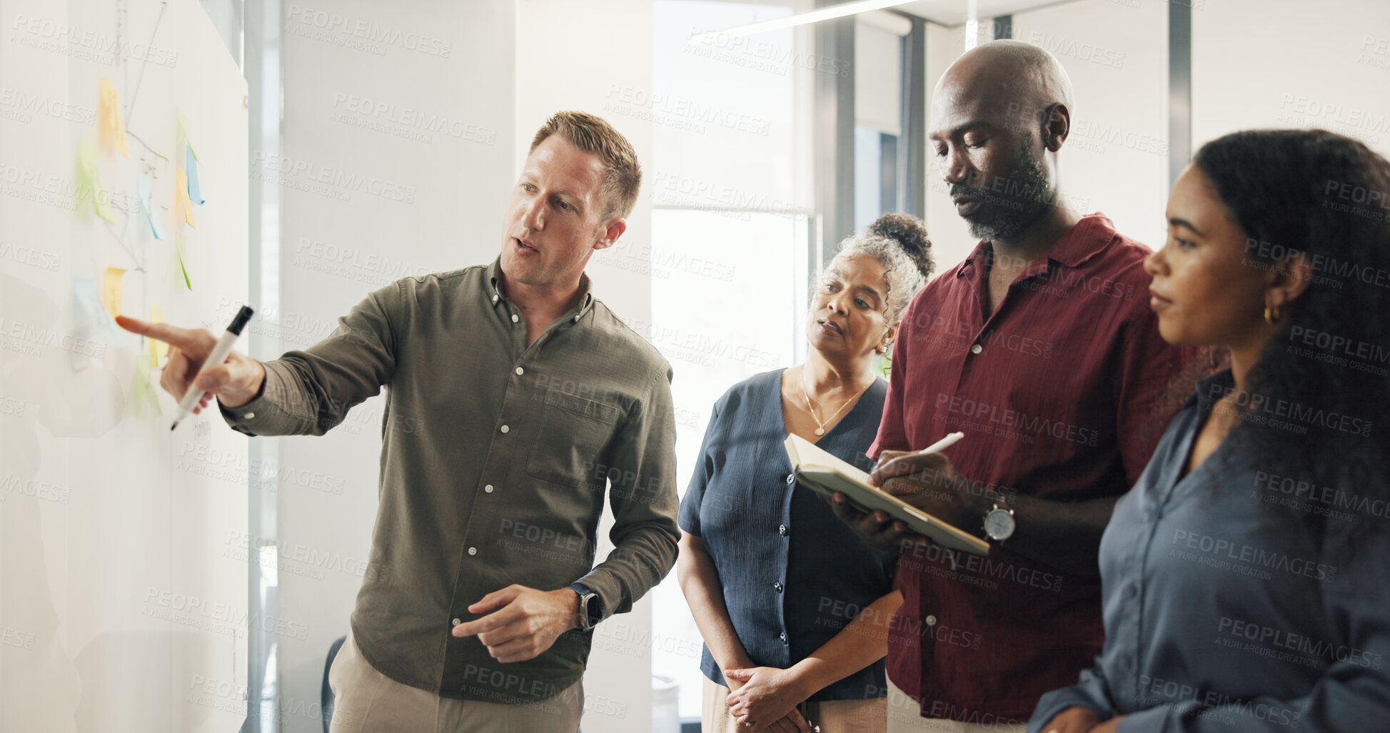 Buy stock photo Business, people and meeting with notes on whiteboard for training, planning and story ideas. Man, briefing and coaching with teamwork, copywriting schedule and editor feedback for news publication 