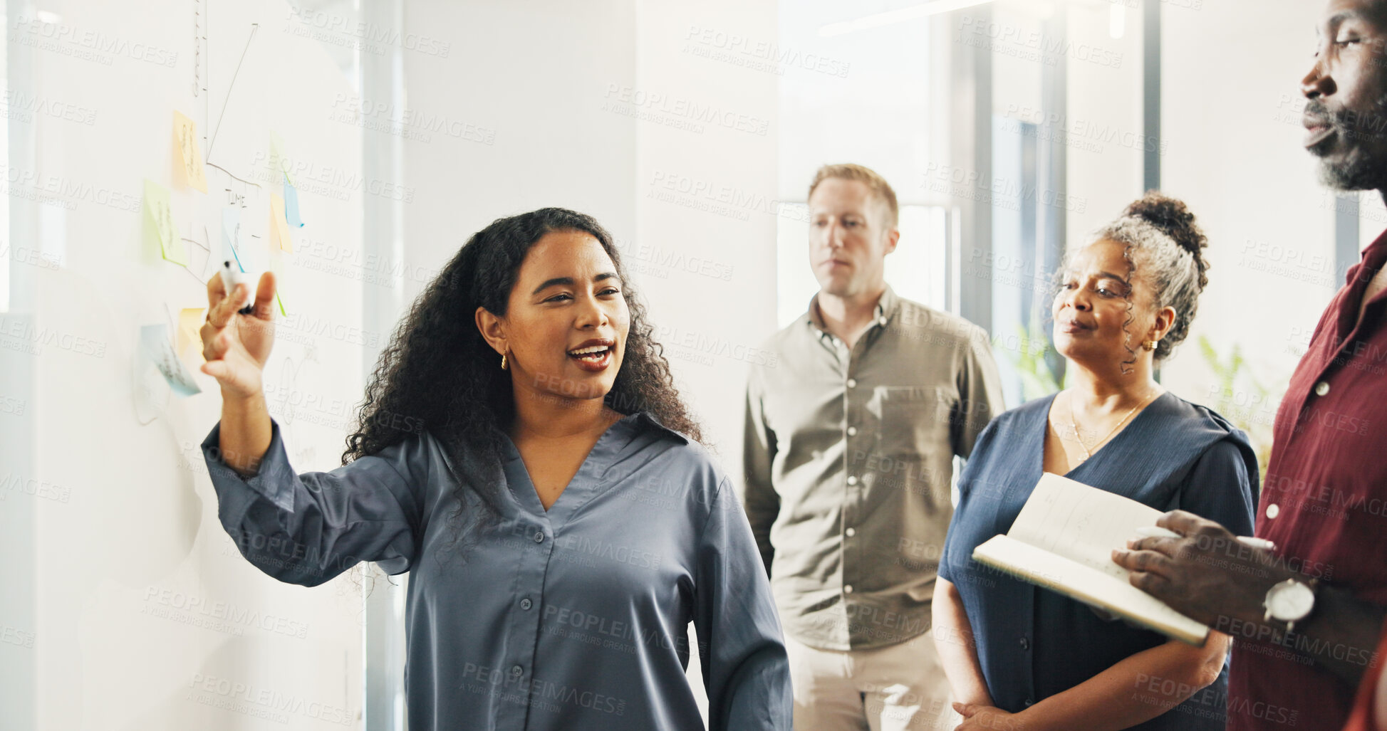 Buy stock photo Creative, people and talking with notes on whiteboard for training, planning and story ideas. Woman, meeting and coaching with teamwork, copywriting schedule and editor feedback for news publication 