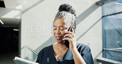 Buy stock photo Phone call, tablet or businesswoman talk in hallway, investment opportunity or acquisition proposal. Negotiation, contact or mature black person with tech for networking, venture or contract details