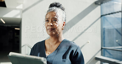 Buy stock photo Business woman, thinking or office with tablet for company schedule, agenda or tasks in building. Female person, planner or contemplating with technology for vision, planning or strategy in workplace