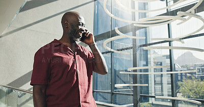 Buy stock photo Phone call, smile or businessman talking in hallway, investment opportunity or acquisition proposal. Negotiation, flare or mature black person with mobile for networking, venture or contract details