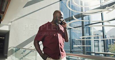 Buy stock photo Phone call, happy or businessman talking in hallway, investment opportunity or acquisition proposal. Negotiation, flare or mature black person with mobile for networking, venture or contract details