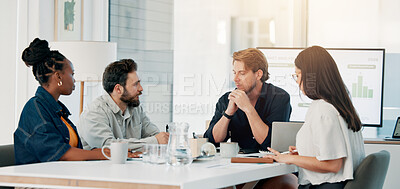 Buy stock photo Creative, team and people in meeting, talking or planning for ad campaign, ideas and brand awareness. Advertising, colleagues and discussion for digital marketing, collaboration and productivity