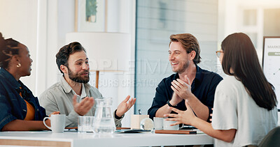 Buy stock photo Team, applause and group in meeting, office or happy for ad campaign performance and brand awareness. Advertising, people and clapping for digital marketing, laughing and celebration for success