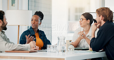 Buy stock photo Creative, ideas and people in meeting, talking or planning for ad campaign, team and brand awareness. Advertising agency, colleagues and discussion for digital marketing, together and productivity