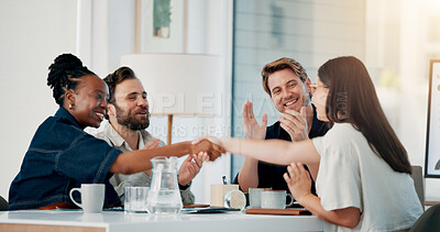 Buy stock photo People, applause and handshake with client, office and collaboration for brand awareness and success. Marketing team, celebration and shaking hands with woman, agreement and clapping for achievement