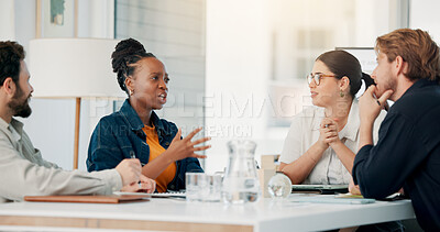 Buy stock photo Meeting, collaboration and team of business people in office for finance report with budget planning. Discussion, group and financial advisors working on investment proposal together in workplace.