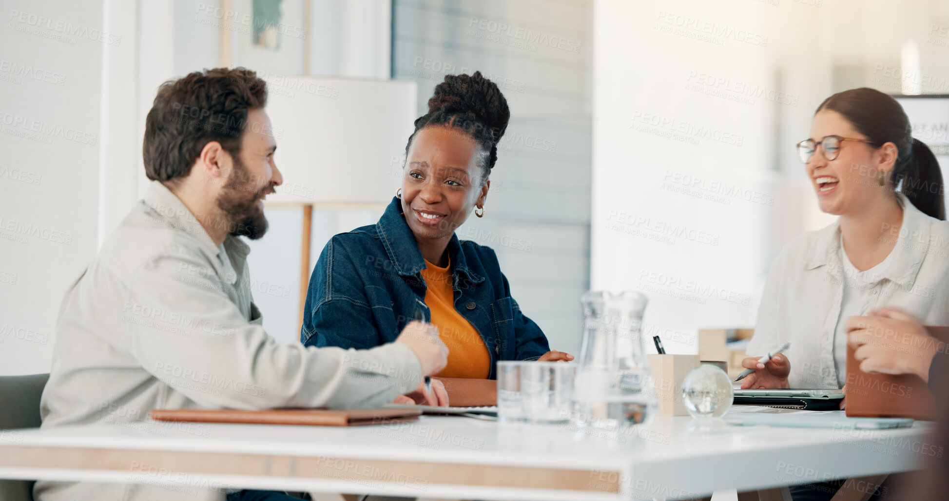 Buy stock photo Discussion, collaboration and team of business people in office for finance report with budget planning. Meeting, group and financial advisors working on investment proposal together in workplace.
