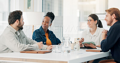 Buy stock photo Meeting, planning and team of business people in office for finance report with budget in collaboration. Discussion, group and financial advisors working on investment proposal together in workplace.