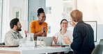 Group, applause and team with laptop, office and high five for campaign performance and celebration. Clapping, people and excited for digital marketing success, laughing and brand awareness in agency