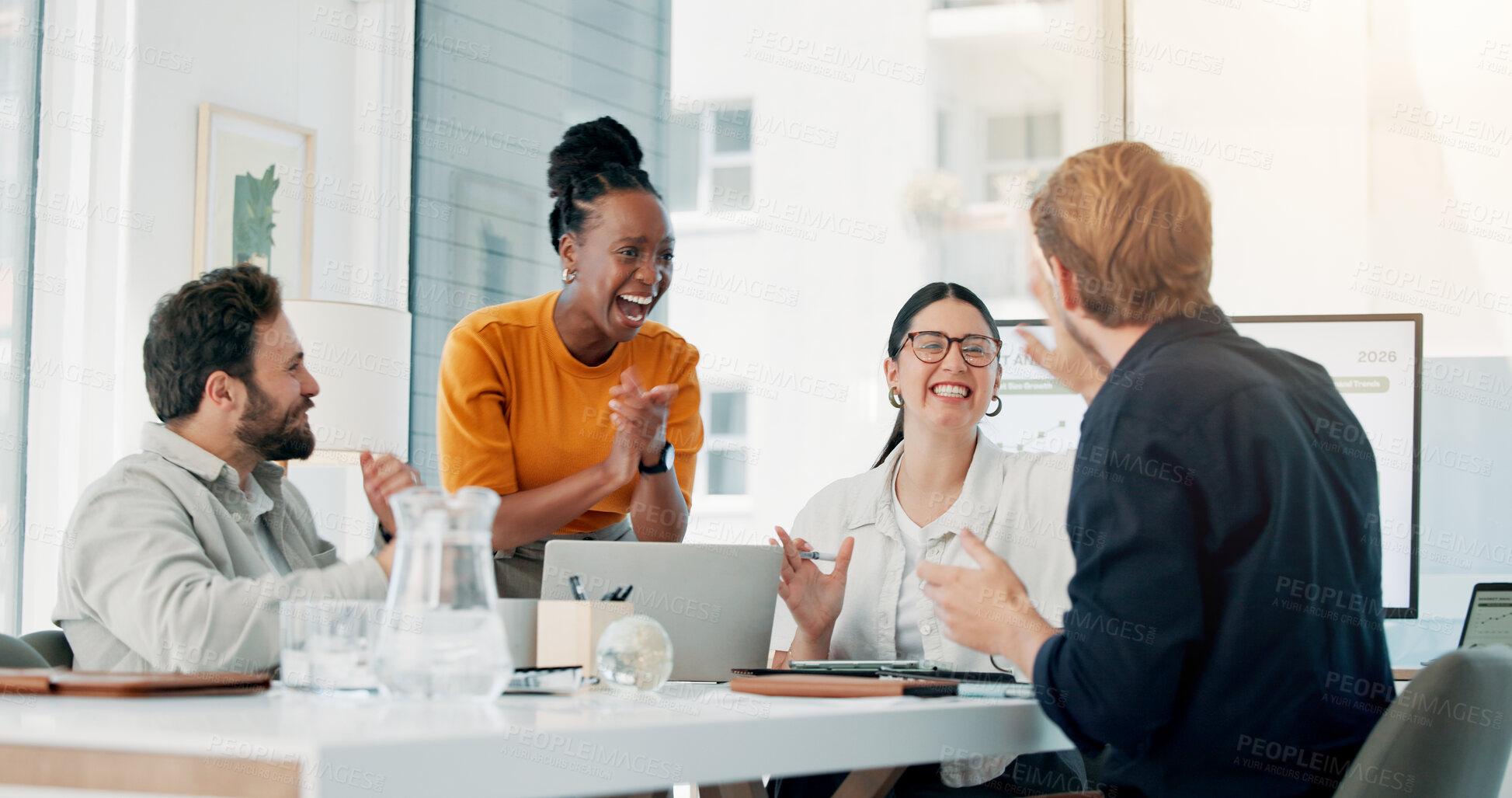 Buy stock photo Group, applause and team with laptop, office and high five for campaign performance and celebration. Clapping, people and excited for digital marketing success, laughing and brand awareness in agency