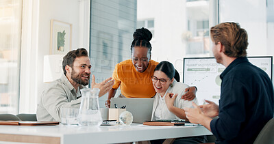 Buy stock photo Success, laptop and team with business people in office for growth, profit and deal approval. Collaboration, promotion and support with employees in agency for achievement, partnership and target