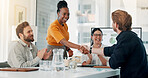 Handshake, deal and business people in office with meeting for finance agreement, merger or teamwork. Applause, discussion and financial manager shaking hands with client for investment proposal.