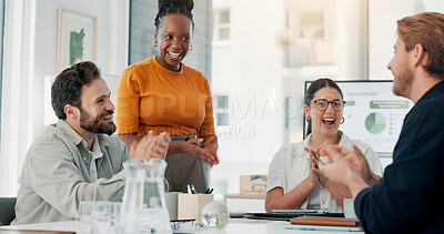 Buy stock photo Applause, discussion and business people in office with collaboration for finance report with budget. Happy, clapping hands and team of financial advisors with achievement on investment in workplace.