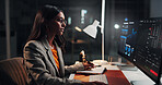 Woman, computer screen and trading at night, office and review with charts, stock or insight with data. Person, investor and pc with monitor, fintech and graphs with portfolio management at agency
