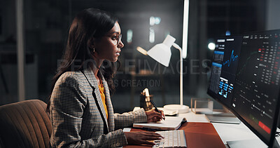 Buy stock photo Computer, graphs and businesswoman in office at night with stock market statistics for finance report. Technology, overtime and female financial manager with investment proposal in workplace.