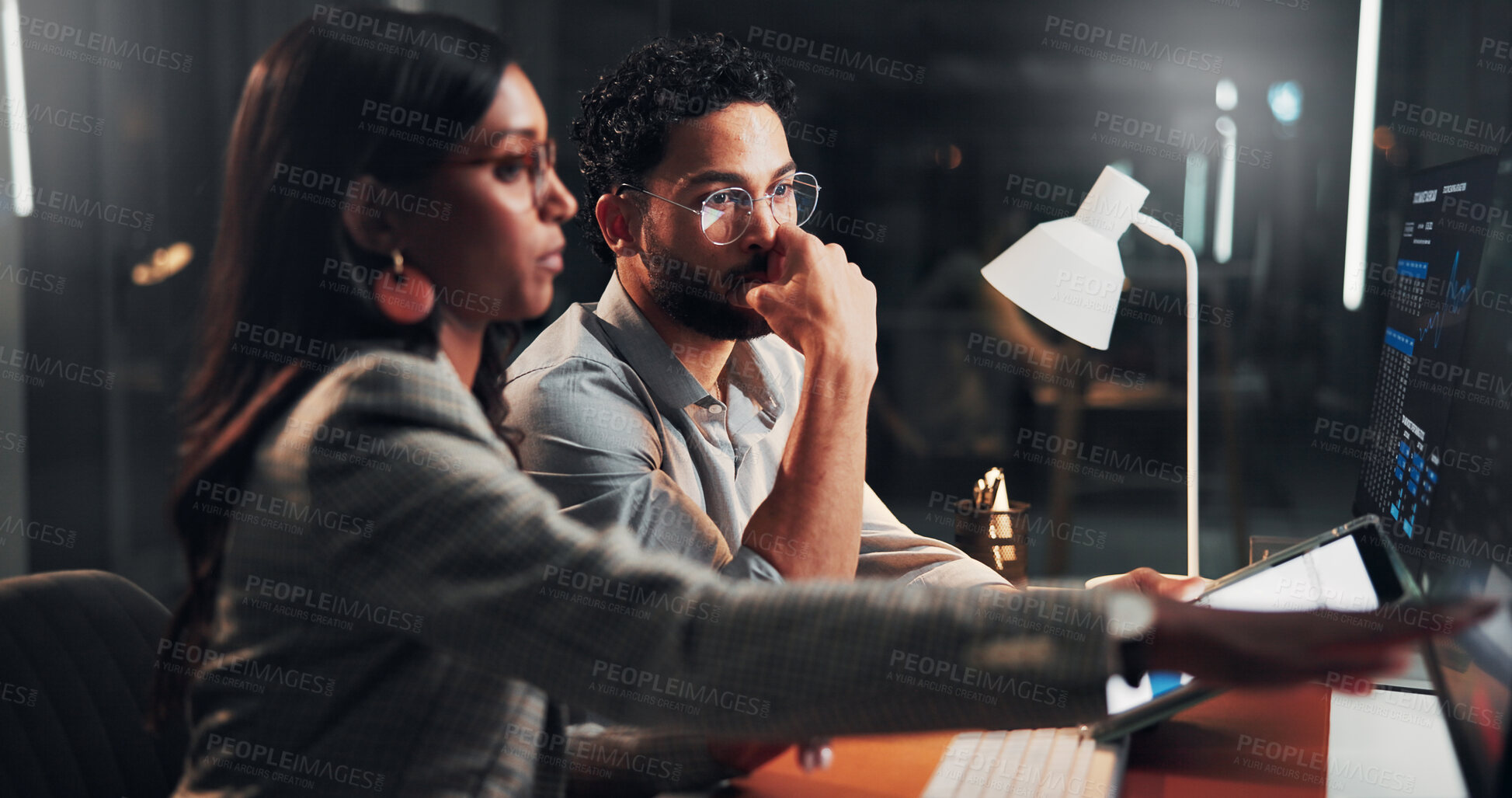 Buy stock photo Computer, conversation and business people in office at night for finance report with deadline. Collaboration, overtime and financial advisors on technology with investment proposal for global client