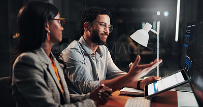 Buy stock photo Computer, tablet and business people in office at night for finance report with deadline. Collaboration, overtime and financial advisors on technology with investment proposal for global client.