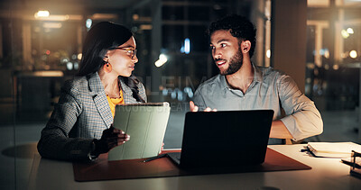 Buy stock photo Tech, advice and business people in office at night with creative project in collaboration. Feedback, laptop and manager with magazine editors for discussion, publishing deadline or article on tablet