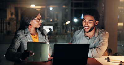 Buy stock photo Tech, conversation and business people in office at night with creative project in collaboration. Feedback, laptop and manager with magazine editors for advice, publishing deadline or tablet article