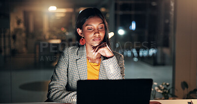 Buy stock photo Laptop, woman and thinking in office at night for story angle, article insight and submission review. Tech, journalist and planning at publishing agency for blog headline and breaking news deadline