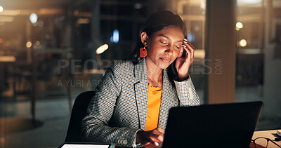 Buy stock photo Stress, headache and businesswoman in office at night with finance report for budget with deadline. Overtime, laptop and female financial manager with stock market crash for investment in workplace.