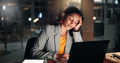 Buy stock photo Night, woman and sleeping at laptop in office with article burnout, mental fatigue and brain fog. Tech, tired journalist and nap at publishing agency with low energy, resting and overworked on blog