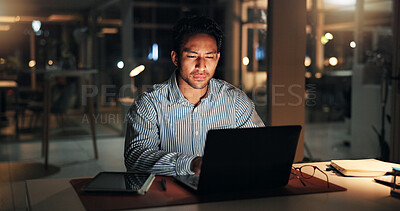 Buy stock photo Night, laptop and business man in office for deadline, online project and research for copywriting. Creative, overtime and person on computer for proofreading, article submission and planning in dark