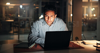 Buy stock photo Night, reading and businessman in office on laptop for deadline, report and research for copywriting. Creative, editor and person on computer for proofreading, article submission and planning in dark